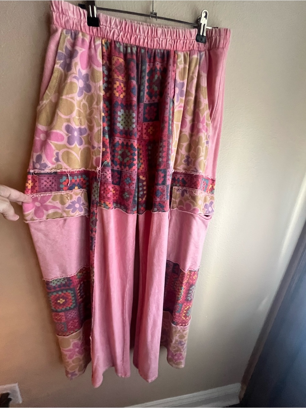 Pink Patchwork Wide-Leg Boho Pants